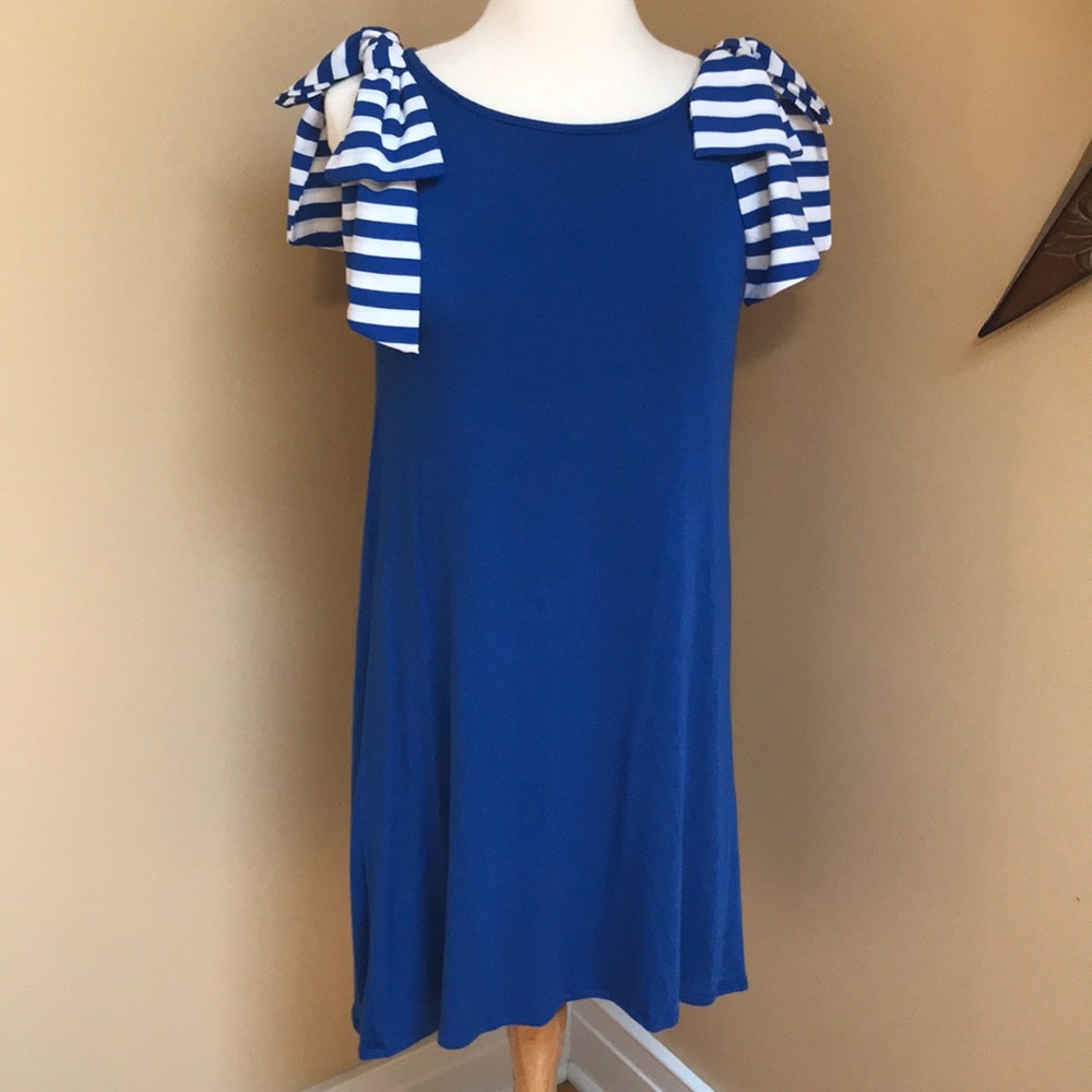 Blue & White Dress w/Shoulder Bows